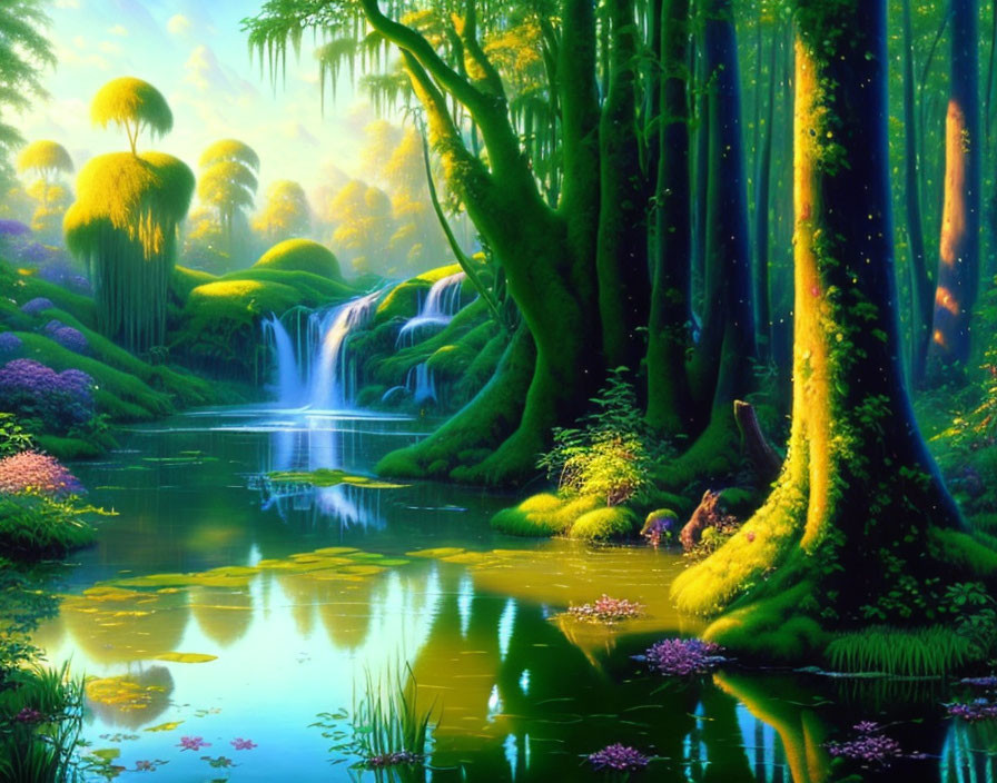 Fantasy-style illustration of enchanting forest with waterfall and serene lake