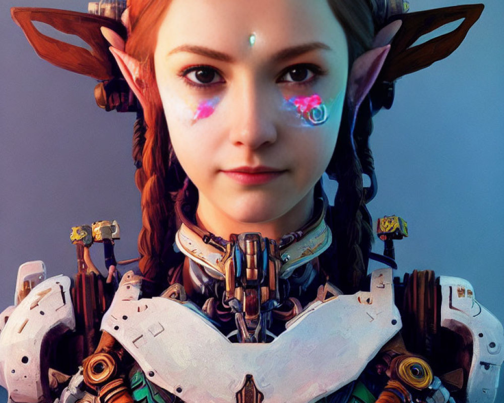 Fantasy character with elf-like ears in robotic suit and face paint