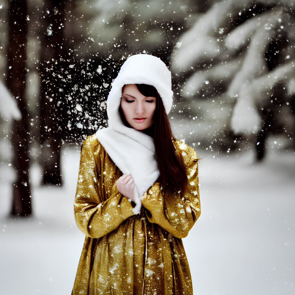 Woman in Golden Coat Standing in Snowy Forest