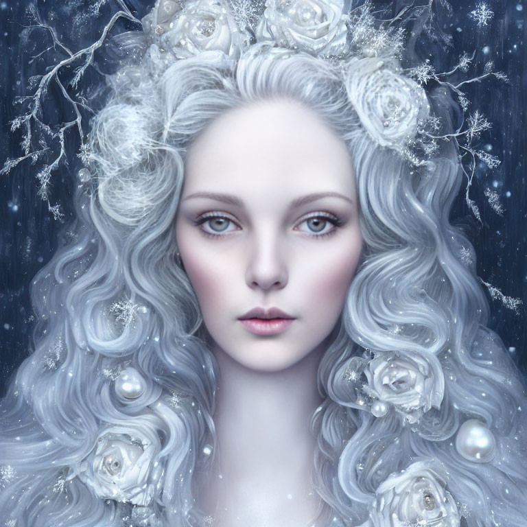 Silver-haired woman with white roses and pearls on a dark blue, snowflake backdrop