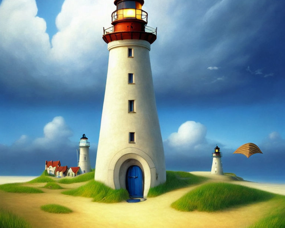Illustration of multiple lighthouses on grassy hills under a blue sky
