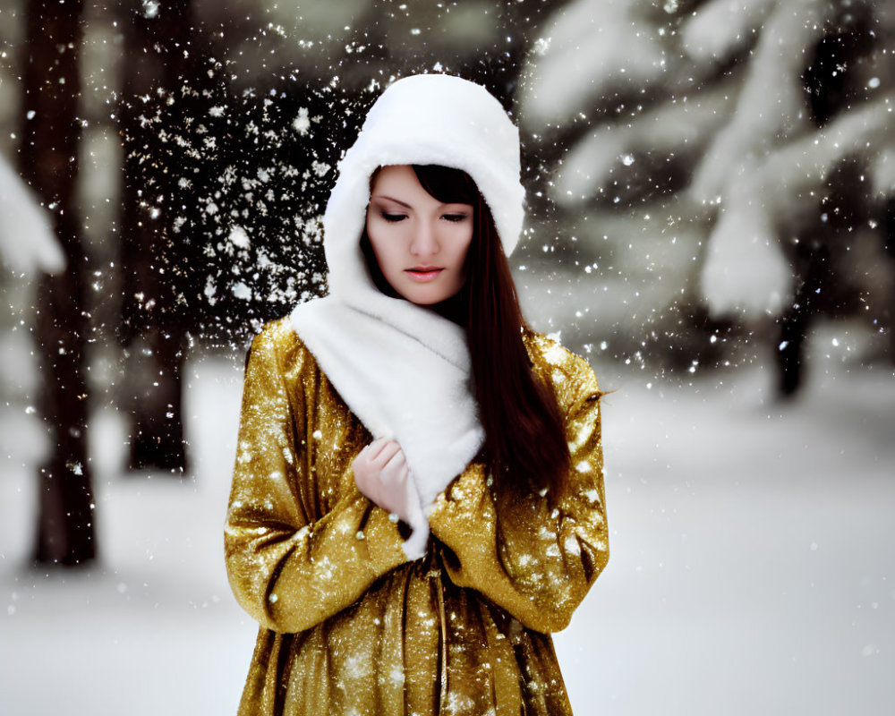 Woman in Golden Coat Standing in Snowy Forest