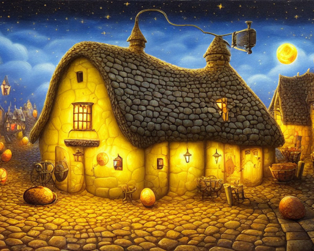 Cozy Thatched Roof Cottage on Cobblestone Street at Night