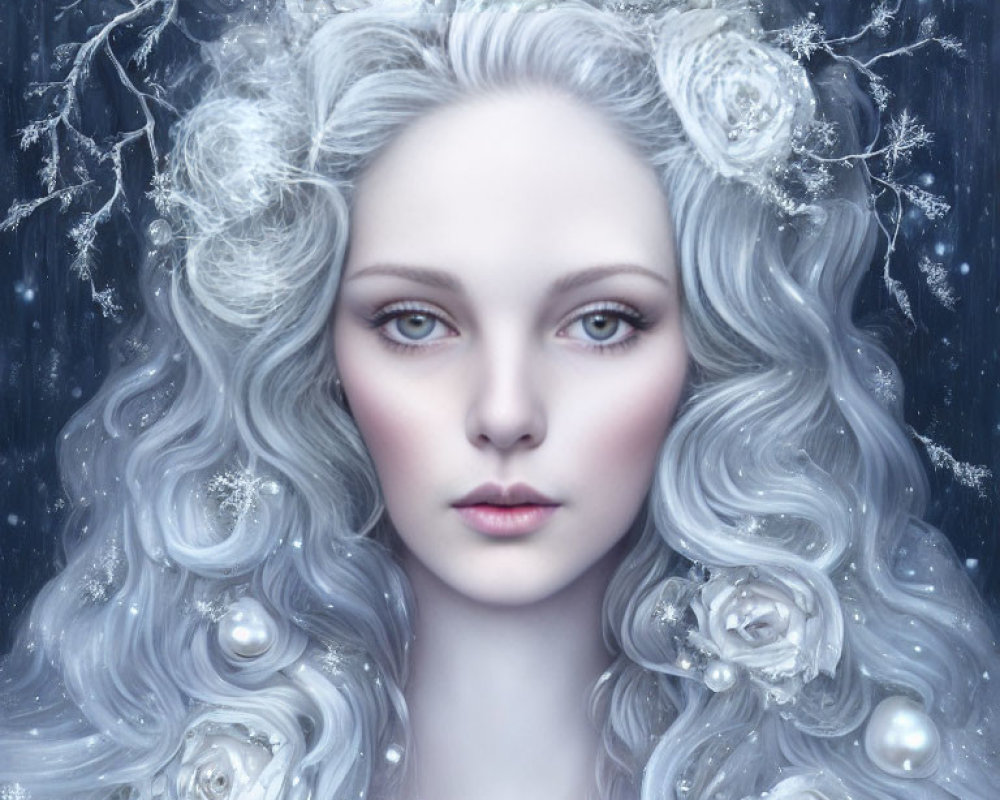 Silver-haired woman with white roses and pearls on a dark blue, snowflake backdrop