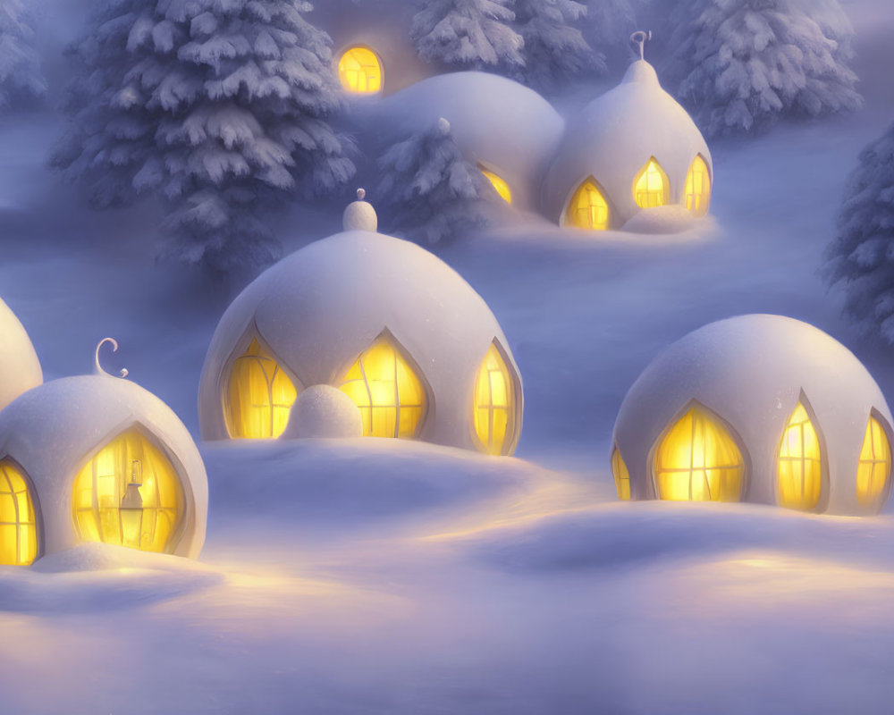 Snow-covered dome-shaped homes in tranquil snowy forest landscape at twilight