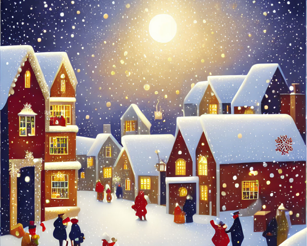 Snow-covered houses and full moon in festive winter night scene