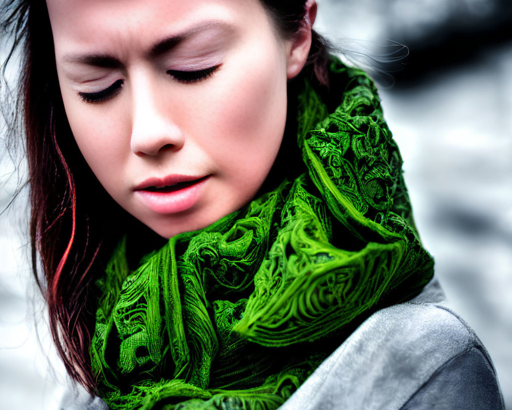 Contemplative woman with green scarf and auburn hair in blurred background