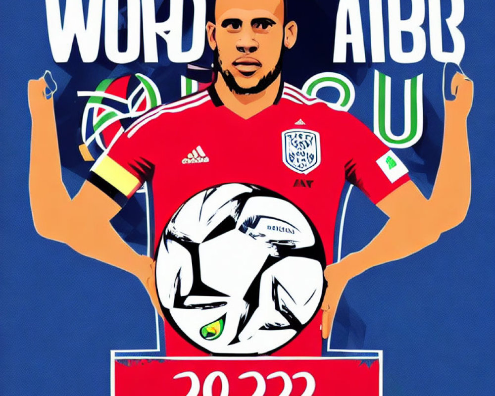 Illustrated soccer player poster with red jersey and 2022 theme.