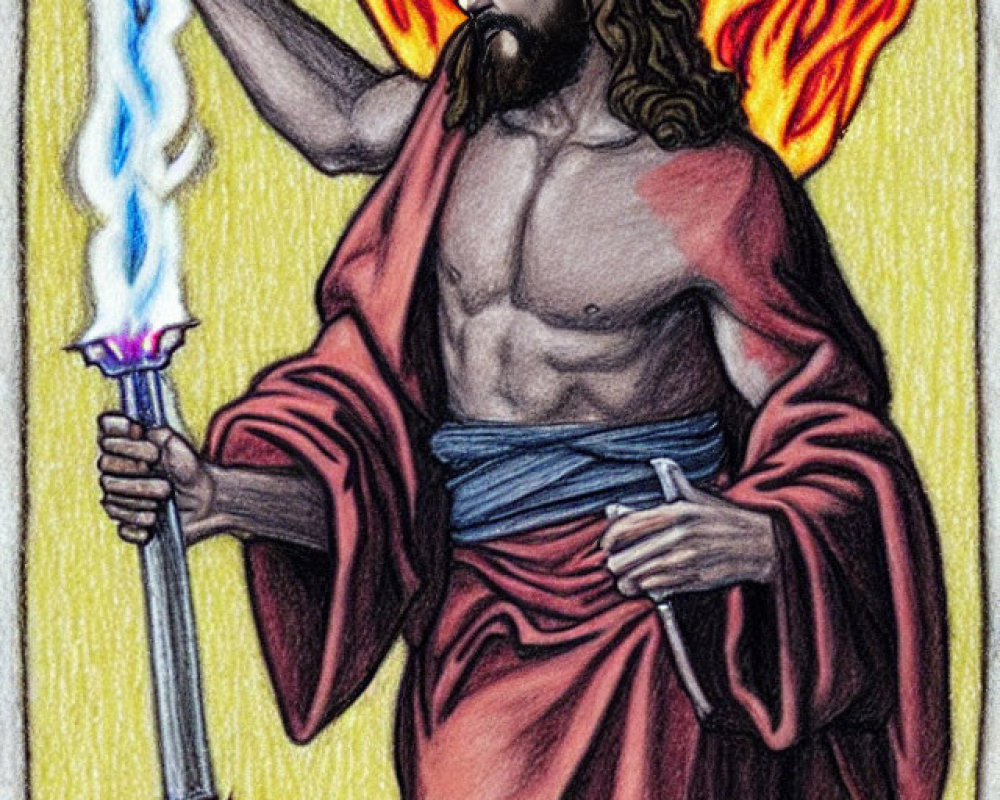 Muscular man in red cloak with flaming staff in hand