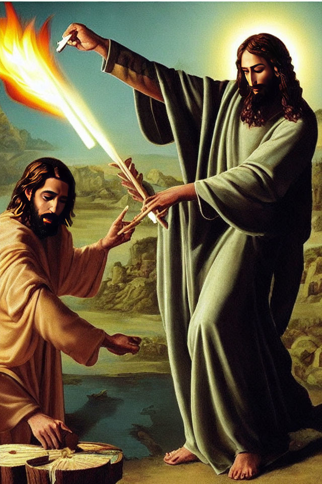 Digital artwork: Jesus-like figures with firecracker.