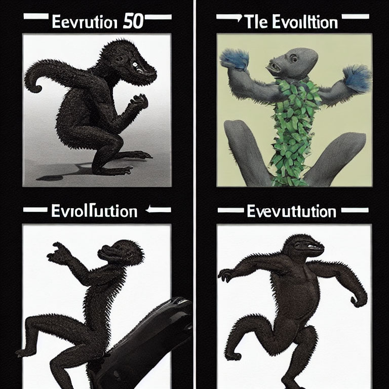 Illustrations of Evolutionary Parody Sequence from Furry Simian to Bipedal Entity