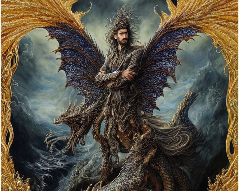 Golden dragon-winged fantasy figure in ornate armor under moonlit sky