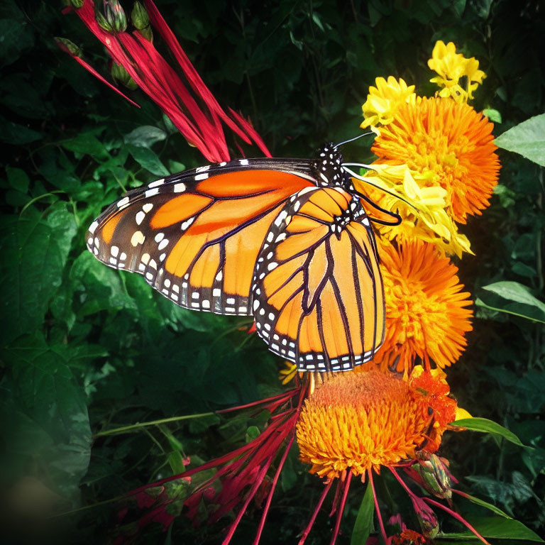 Colorful Monarch Butterfly Feeding on Yellow Flowers
