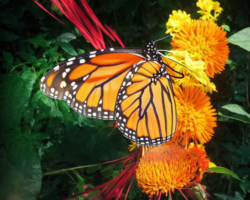 Colorful Monarch Butterfly Feeding on Yellow Flowers