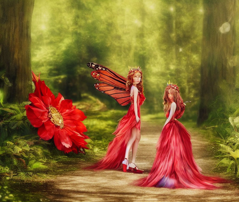 Two girls in red fairy costumes with butterfly wings and crowns in magical forest with red flower.