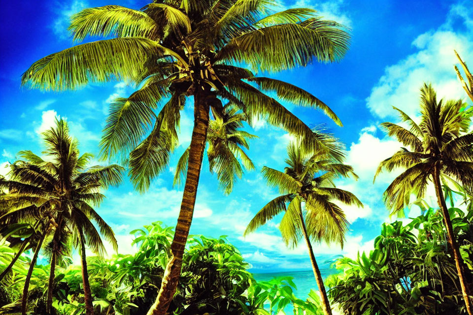 Tropical beach scene with palm trees under bright blue sky