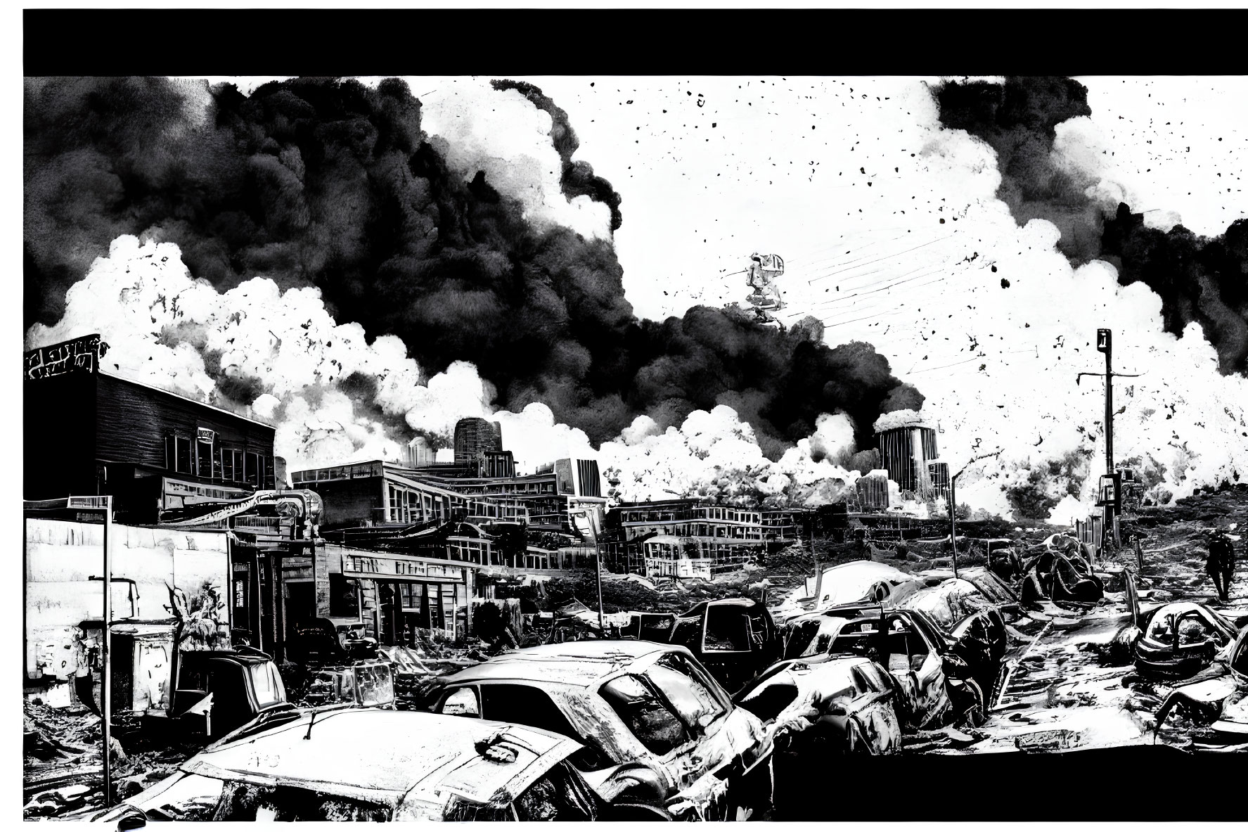 Monochrome post-apocalyptic urban landscape with abandoned cars and desolate buildings