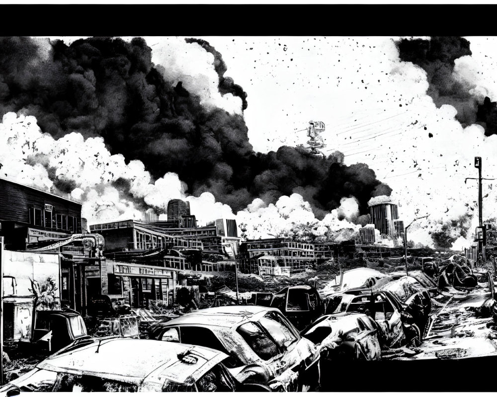 Monochrome post-apocalyptic urban landscape with abandoned cars and desolate buildings