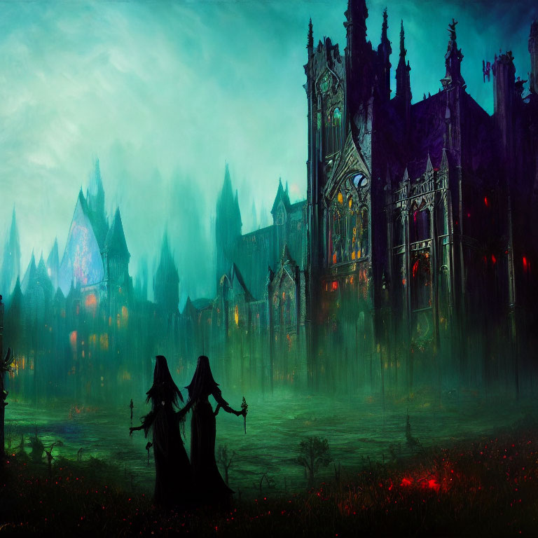 Gothic cathedral under green night sky with shadowy figures