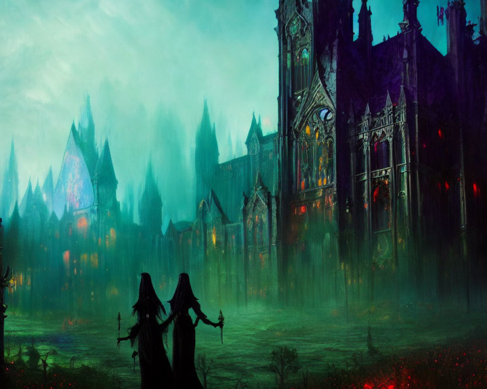 Gothic cathedral under green night sky with shadowy figures
