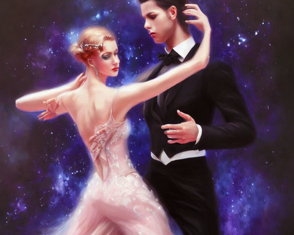 Formal attire couple dancing in cosmic starry background
