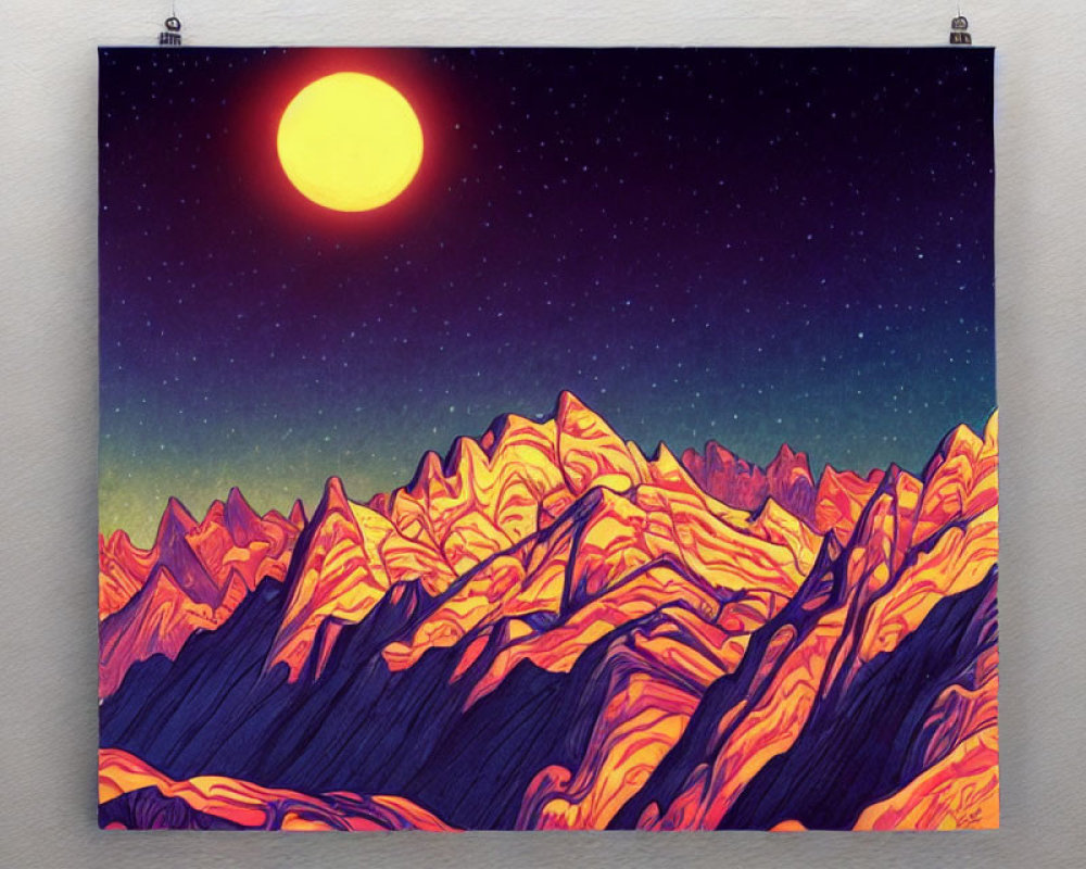 Vibrant mountain peaks under starry sky with large red sun
