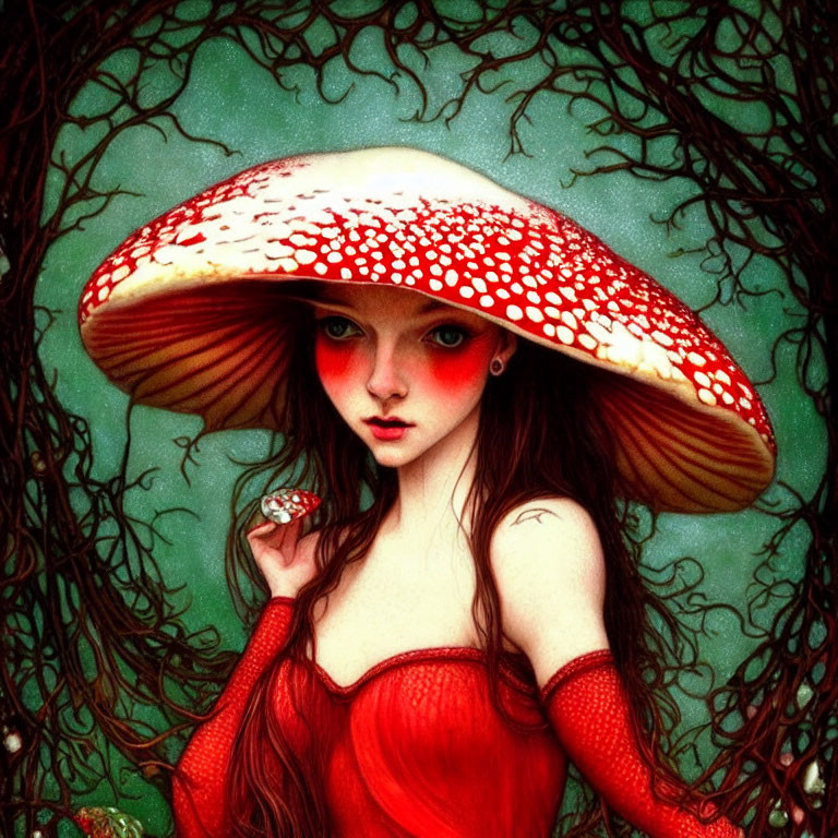 Surreal female figure with red-and-white mushroom hat in green foliage