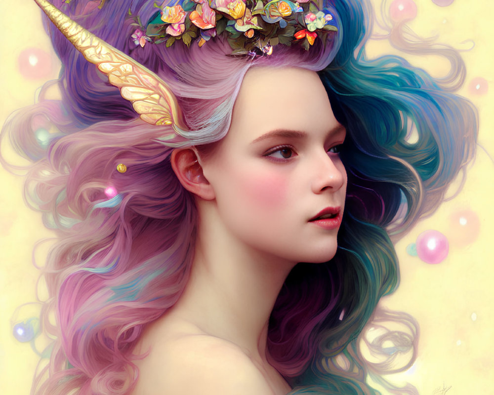Fantasy illustration of a woman with unicorn features on a soft yellow background