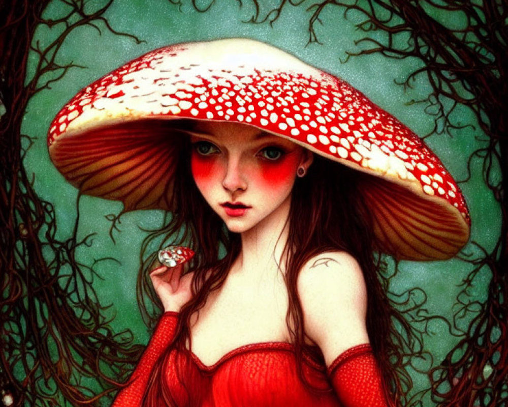 Surreal female figure with red-and-white mushroom hat in green foliage