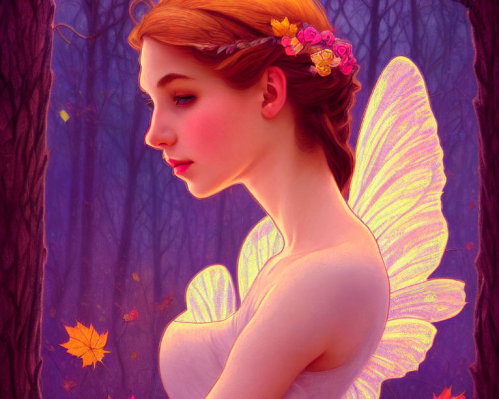Delicate fairy with pink wings in mystical forest scene