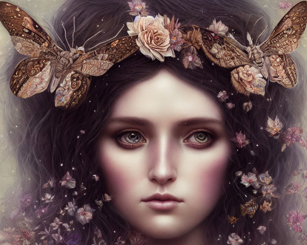 Fantasy portrait of woman with large expressive eyes and floral crown