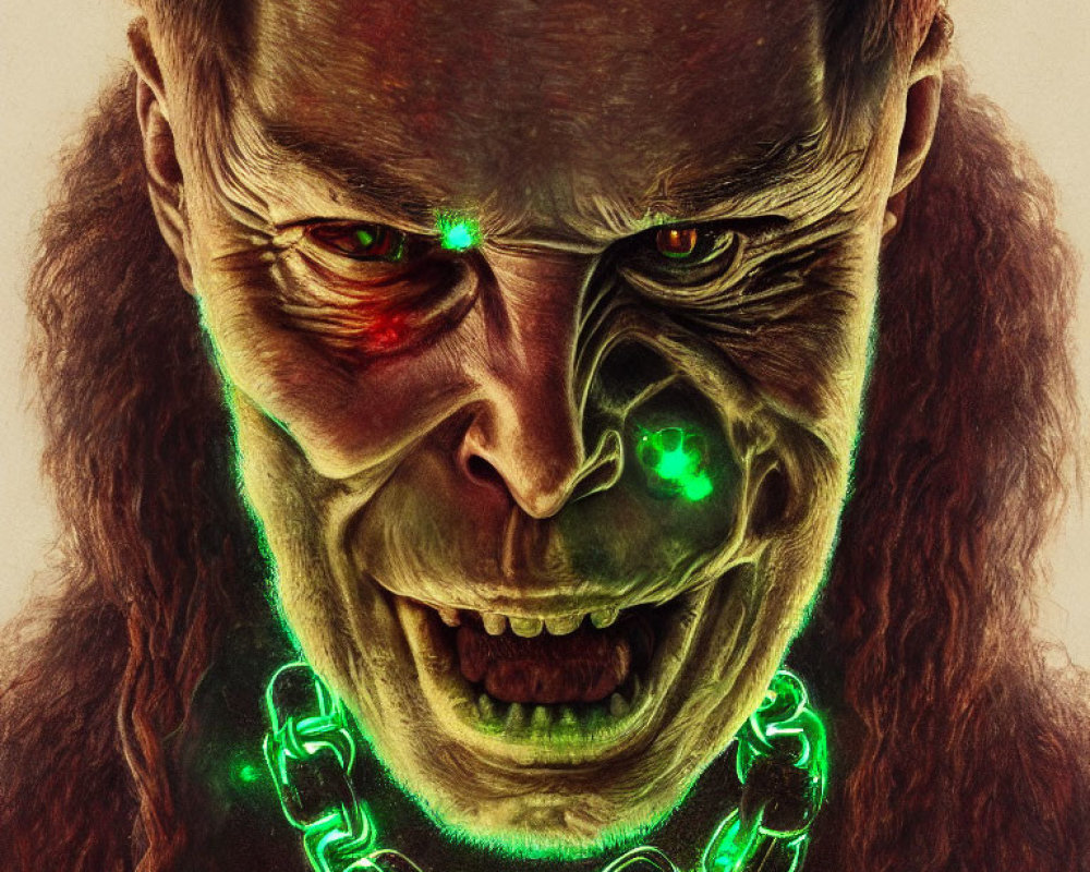 Digital art: Menacing face with glowing red and green eyes and vibrant neon accents.
