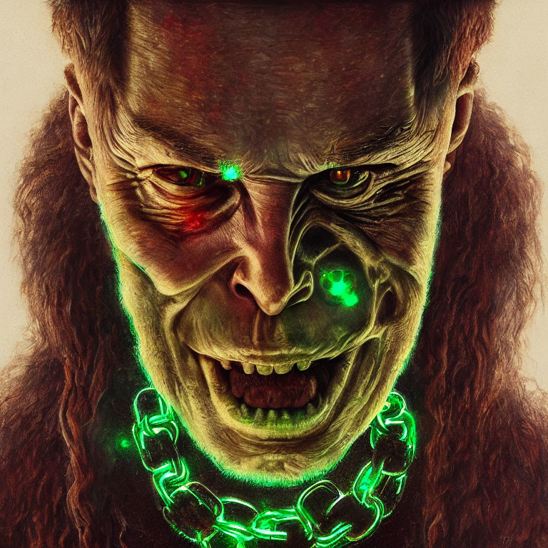 Digital art: Menacing face with glowing red and green eyes and vibrant neon accents.