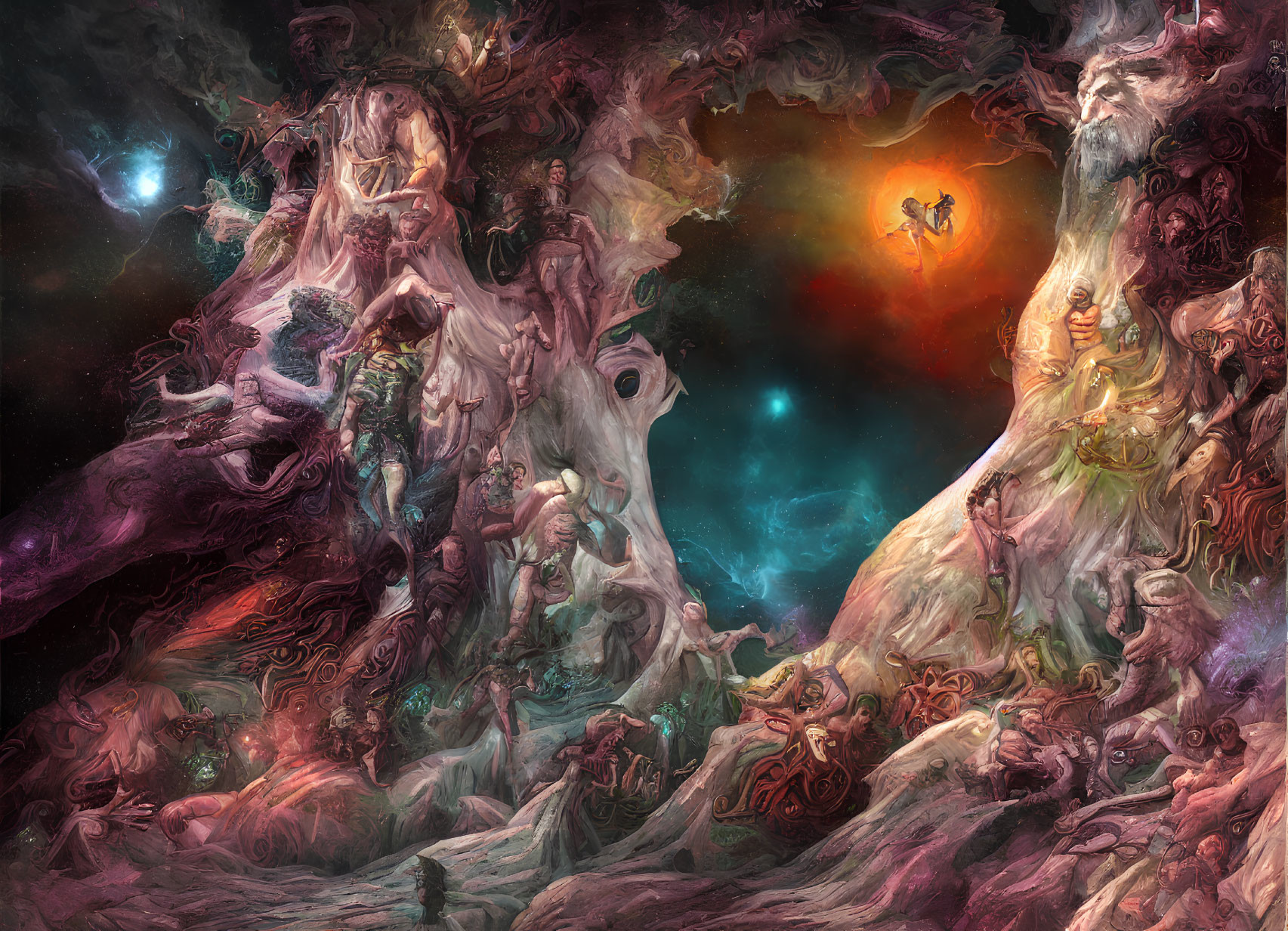 Colorful cosmic painting with intricate details of ethereal beings and structures.