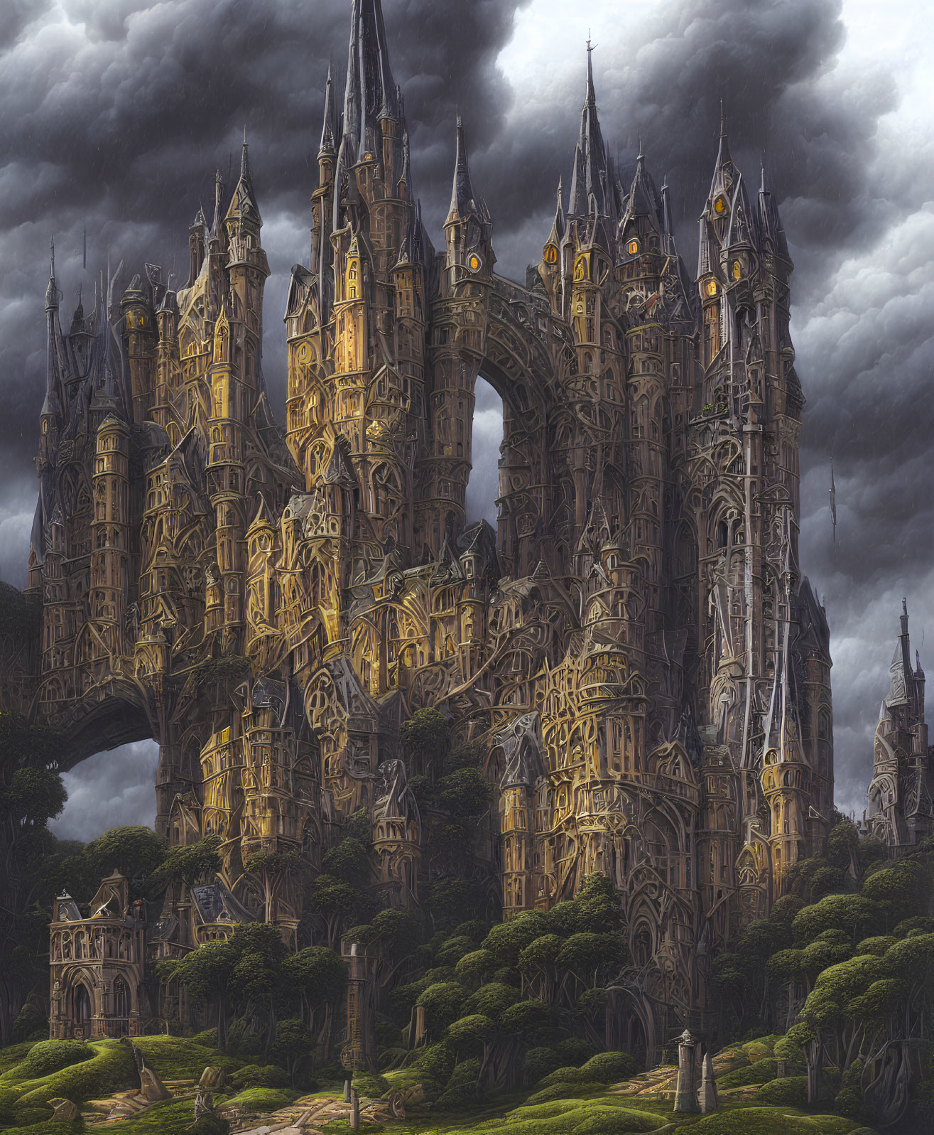 Fantasy cathedral with towering spires in stormy sky