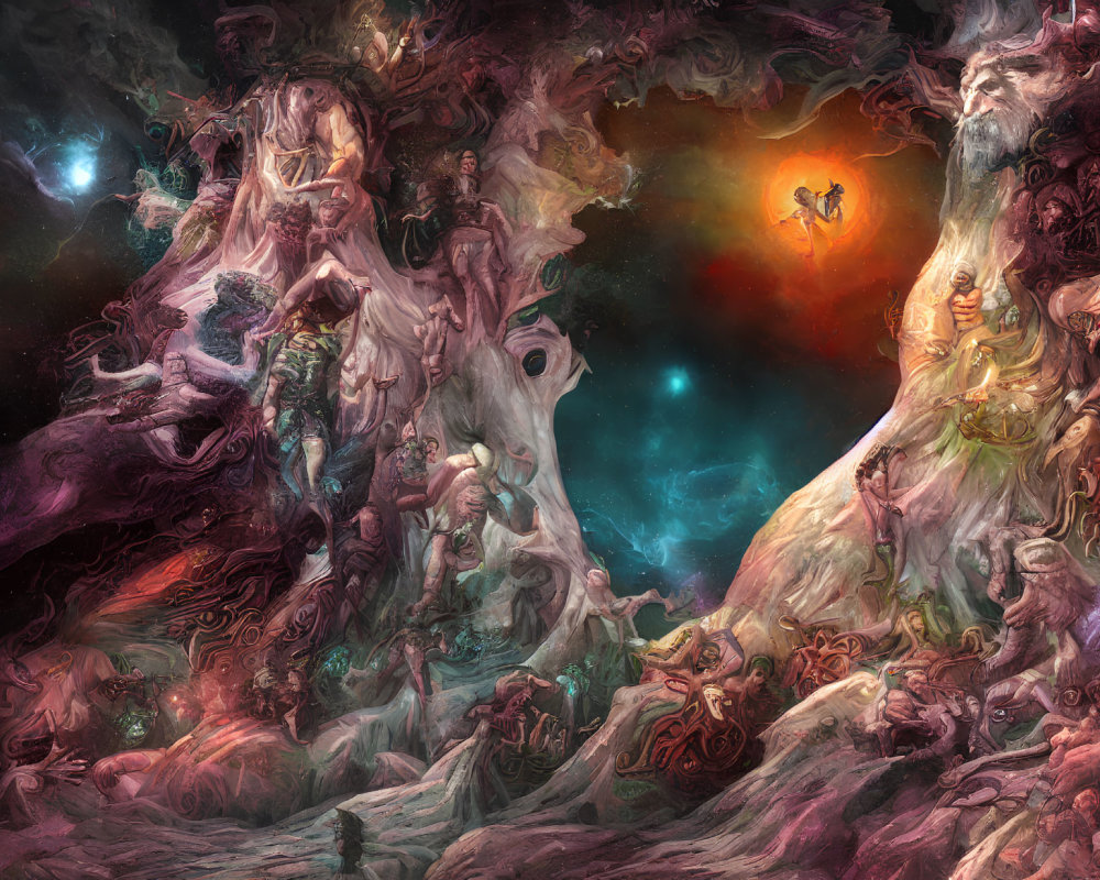 Colorful cosmic painting with intricate details of ethereal beings and structures.