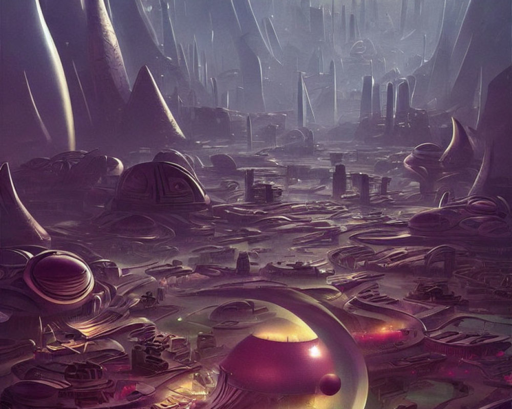 Futuristic city with towering spires and purple-hued atmosphere