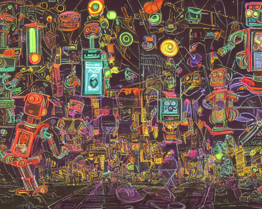 Colorful neon-lit cityscape with whimsical robots and futuristic devices at night