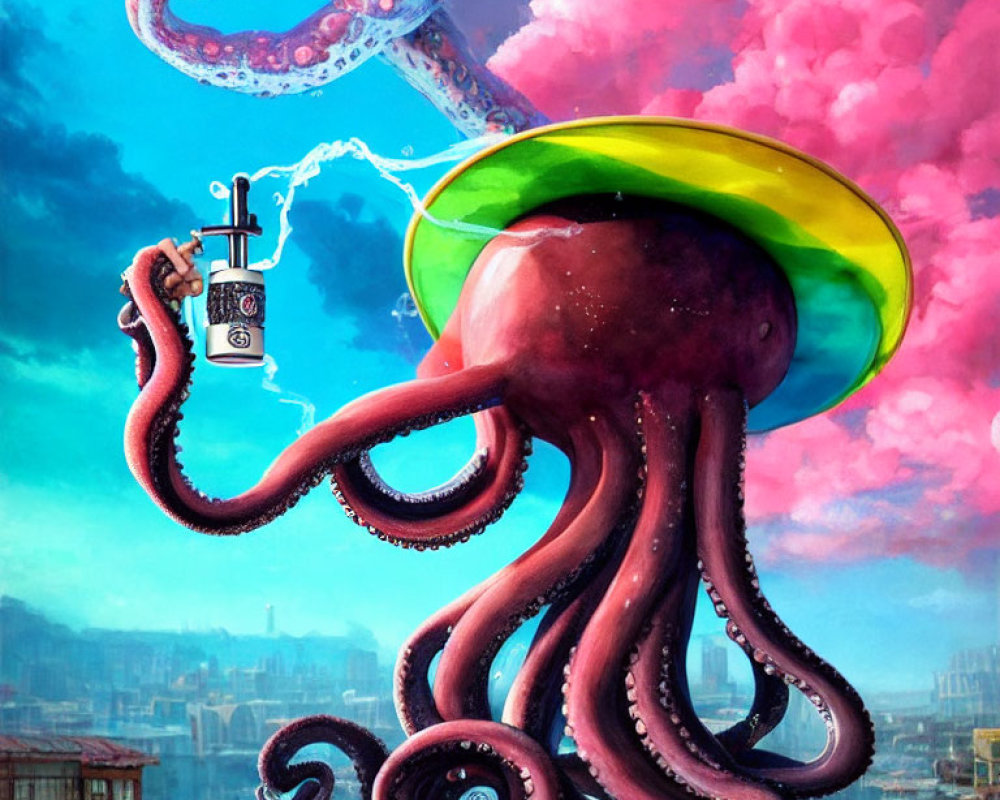 Giant octopus with spray paint can tags pink cloud above futuristic cityscape
