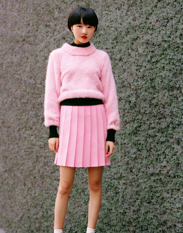Bob Haircut Person in Pink Sweater and Skirt on Green Background