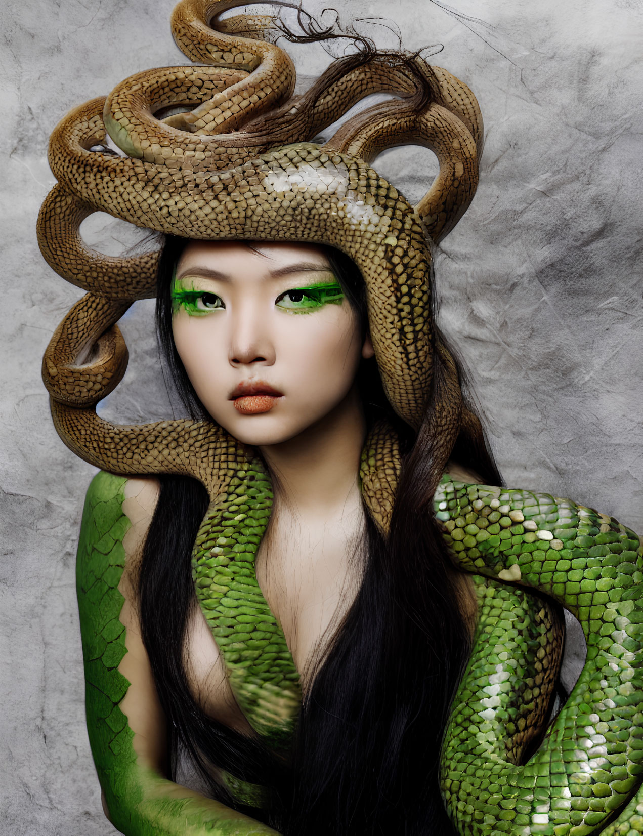 Person with snake hair & green makeup wrapped in snake on textured background