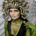 Person with snake hair & green makeup wrapped in snake on textured background