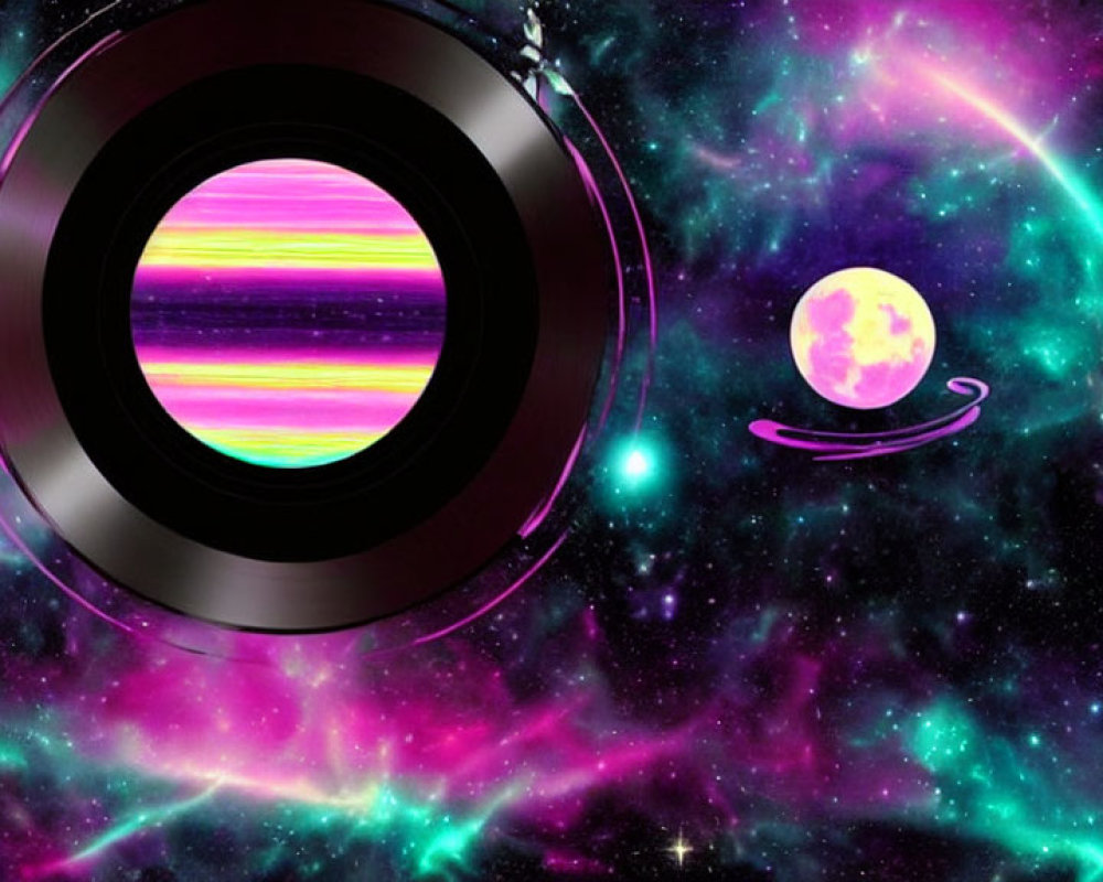 Surreal cosmic scene with vinyl record planet and vibrant nebula