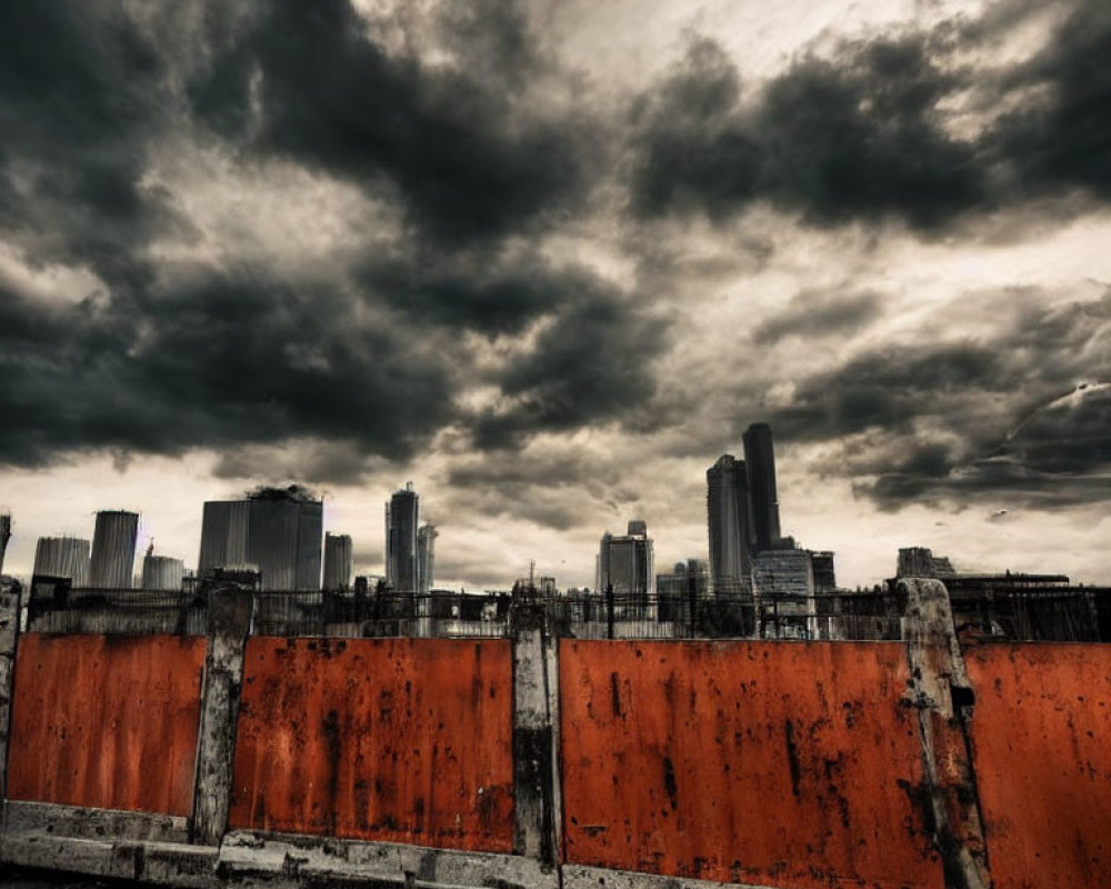 Dark clouds over city skyline and weathered construction panels.