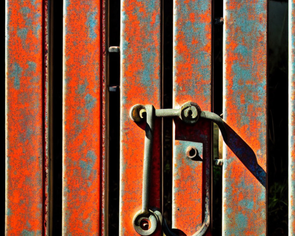 Weathered metal gate with vertical bars and latch, featuring rust and shadows.