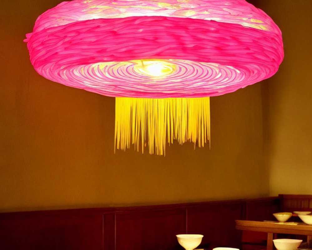 Pink jellyfish-like chandelier illuminates Asian dining set in warm room