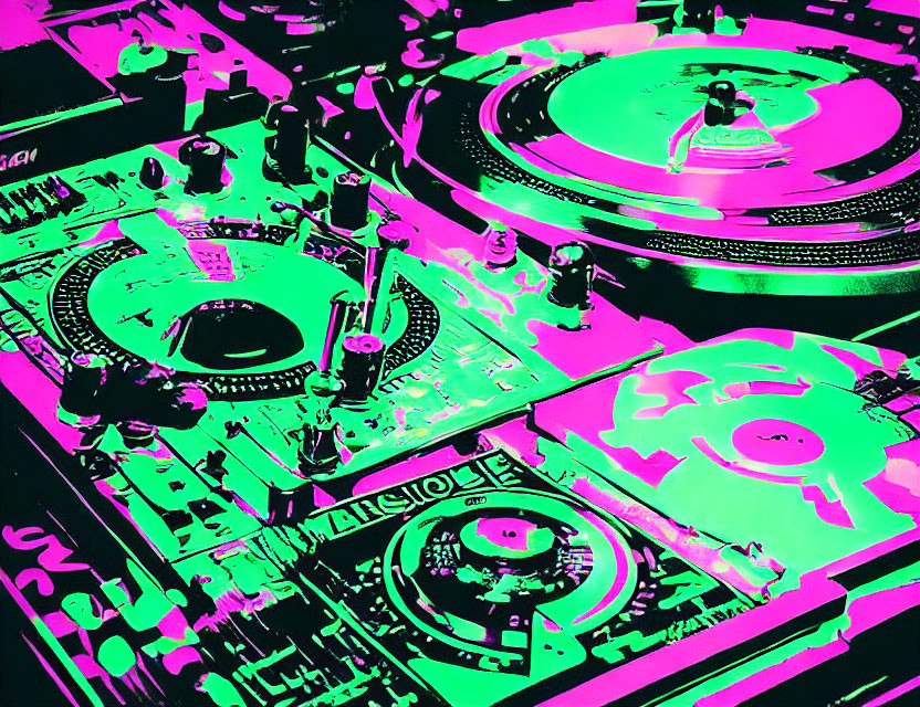 Colorful Neon Pink and Green DJ Setup with Turntables and Mixing Equipment