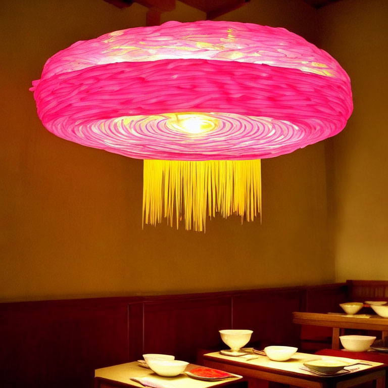 Pink jellyfish-like chandelier illuminates Asian dining set in warm room