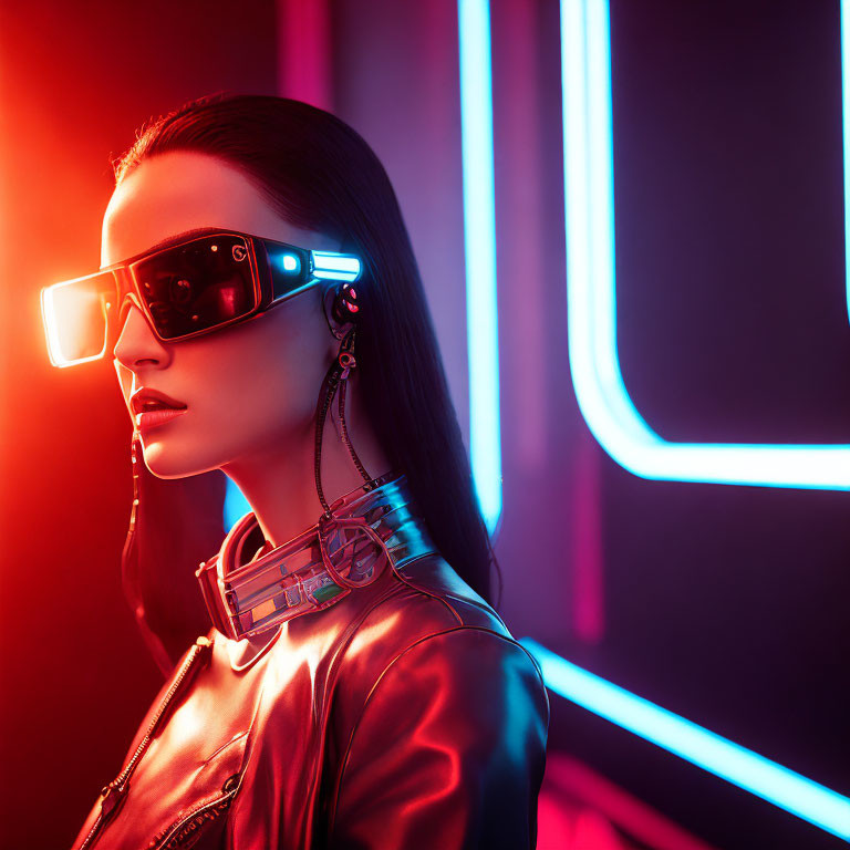 Futuristic woman in neon-lit setting with techy choker