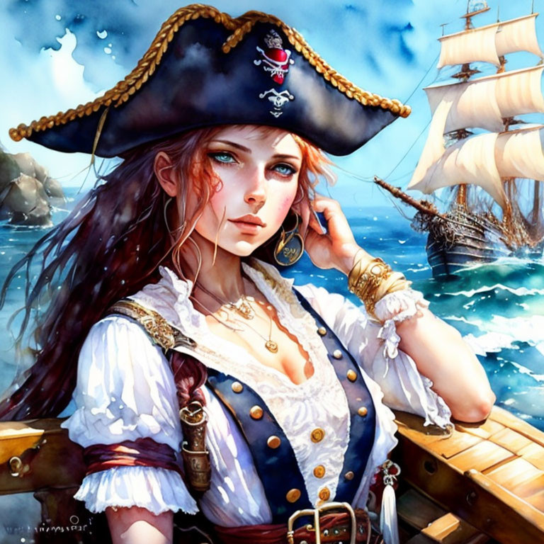 Female pirate portrait with tricorn hat on ship deck, nautical theme.